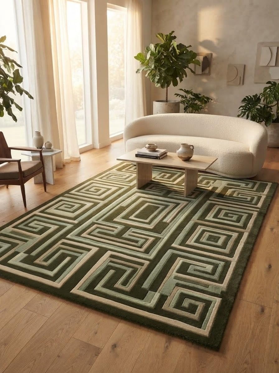 Green Solid Pattern Rug Hand-Tufted Wool Greek Key Labyrinth Geometric Pattern Olive Green and ...