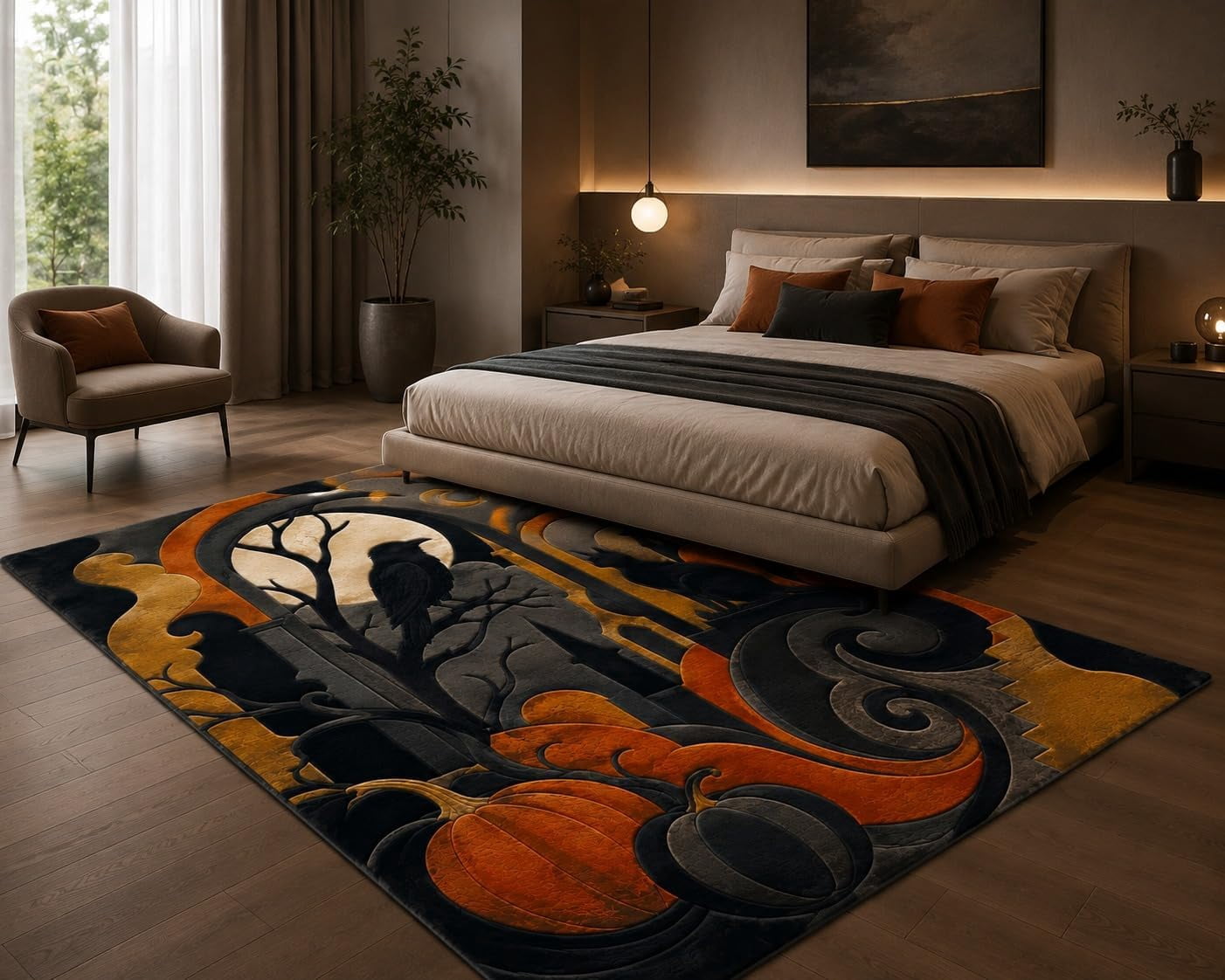 Hand-Tufted Wool Halloween Gothic Landscape Area Rug in Orange, Black ...