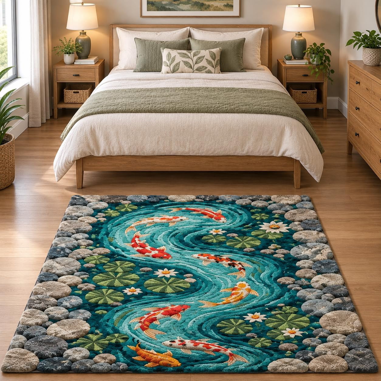 Fish Tuft Rug Hand-Tufted Wool Koi Fish Pond Pebble Border Teal and Orange Accent ...