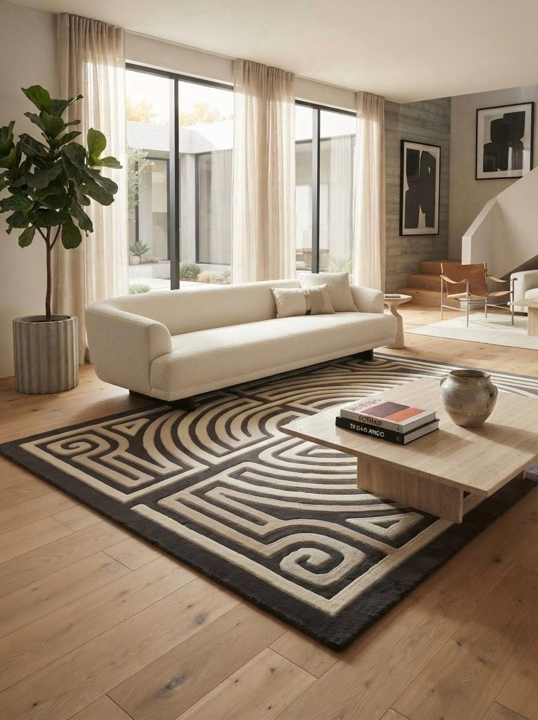 Hand-Tufted Wool Labyrinth Maze Geometric Pattern Charcoal Gray and ...