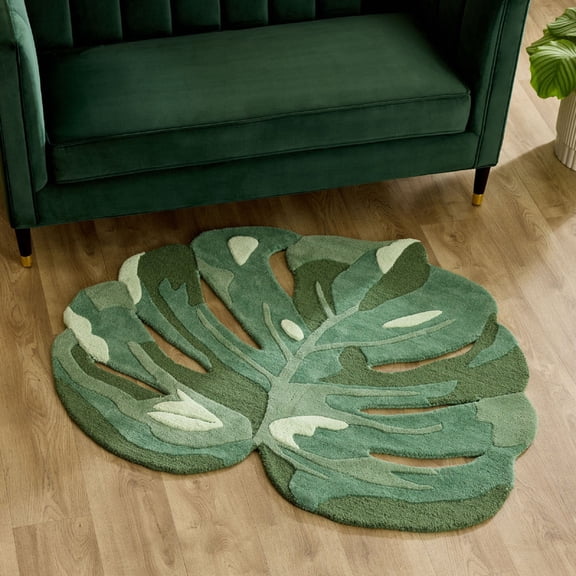Hand Tufted Wool Leaf Design Rug, Green, 4x4 ft