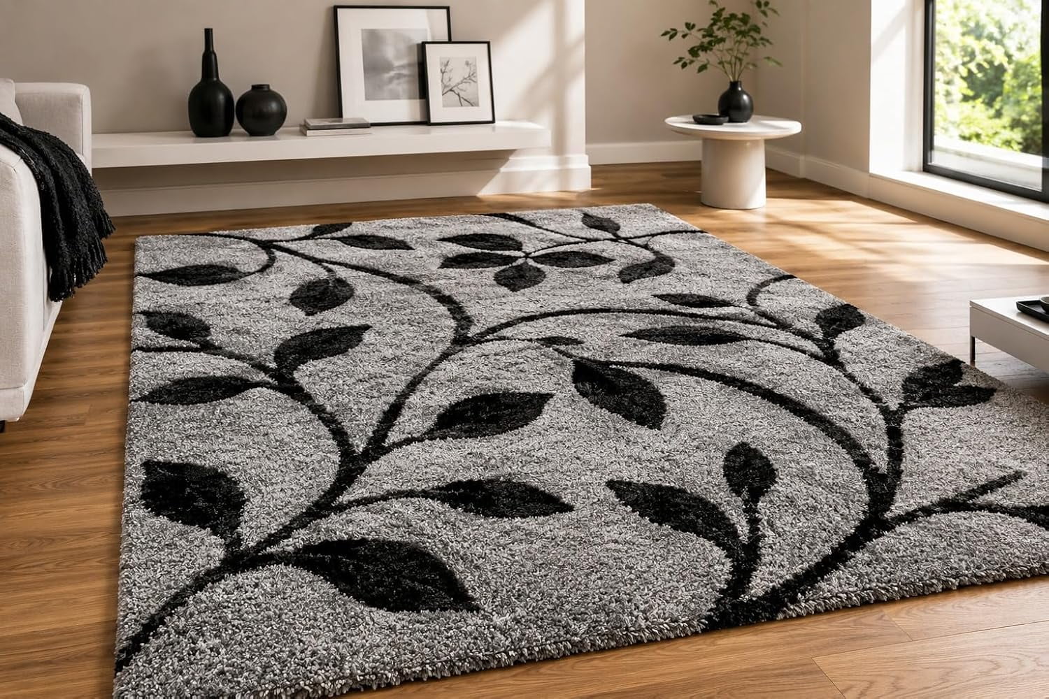 Newc For Rou Hand-Tufted Wool Leaf Pattern Grey and Black Area Rug for Living Room ...