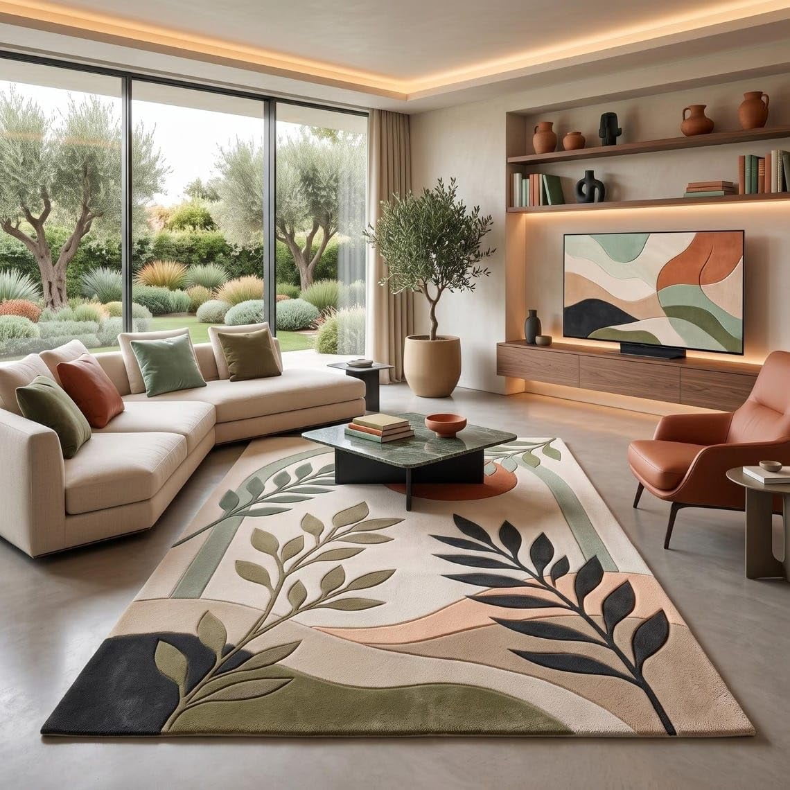 Room With Rugg Hand-Tufted Wool Living Room and Bedroom Rug with Abstract Botanical ...