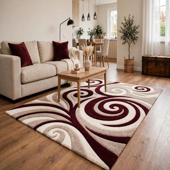 Maroon Check Rug Hand-Tufted Wool Living Room and Bedroom Rug with Abstract Swirl Design ...