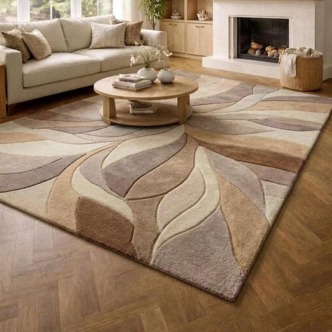 Beige Tan Pattern Rug Hand-Tufted Wool Living Room and Bedroom Rug with Abstract Wave and ...