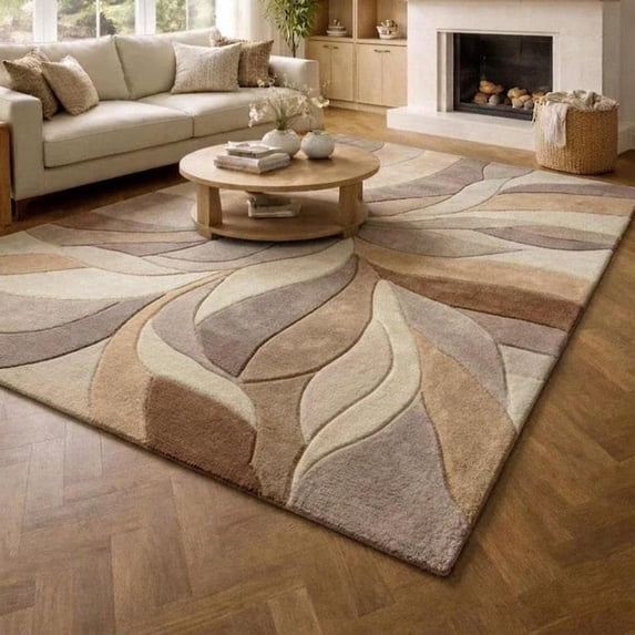 Pattern Rug Beiege Hand-Tufted Wool Living Room and Bedroom Rug with Abstract Wave and ...
