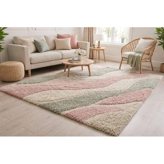 Pink Rug Room Hand-Tufted Wool Living Room and Bedroom Rug with Abstract Wavy Pattern ...