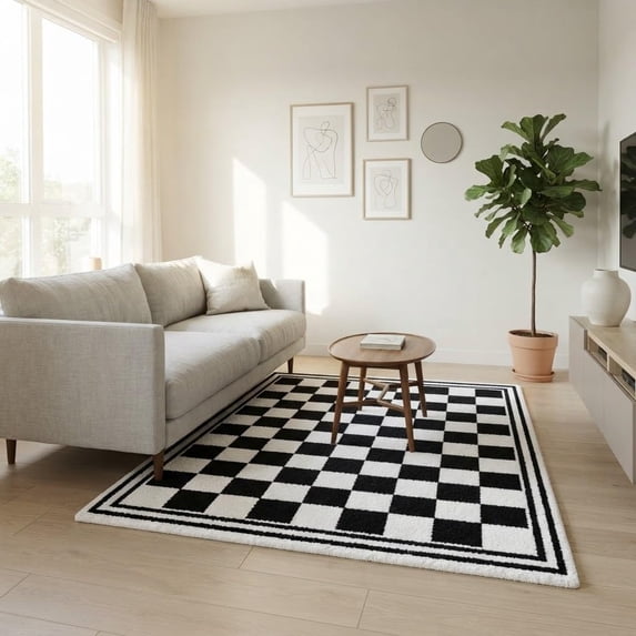 Room Layout Grid Rug Hand-Tufted Wool Living Room and Bedroom Rug with Checkerboard Grid ...