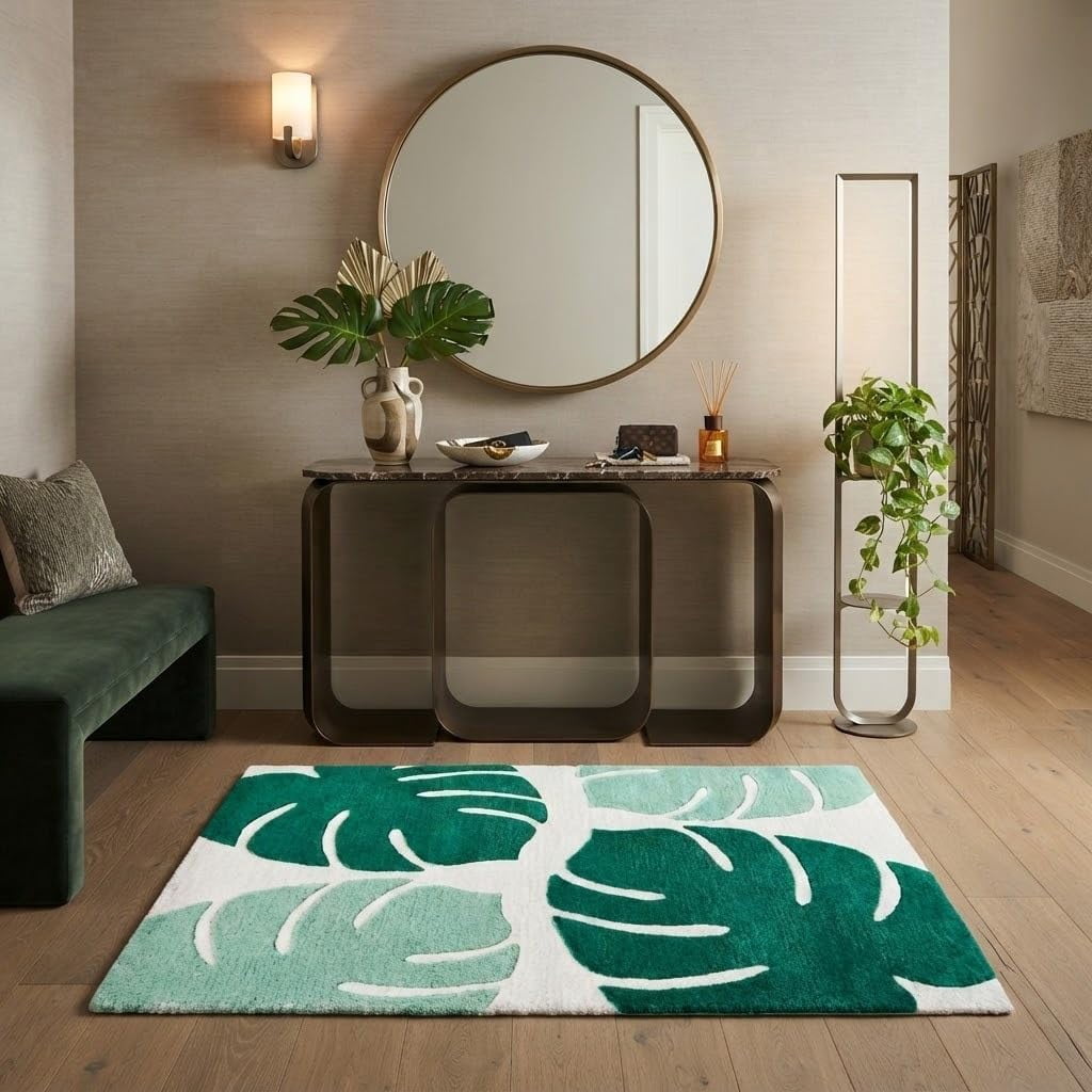 Colorful Patterned Rug Hand-Tufted Wool Monstera Tropical Leaf Pattern Multi-Color Area Rug ...