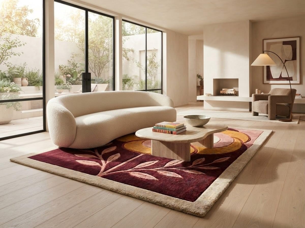 Hand-Tufted Wool Retro Botanical Floral Area Rug with Burgundy and ...