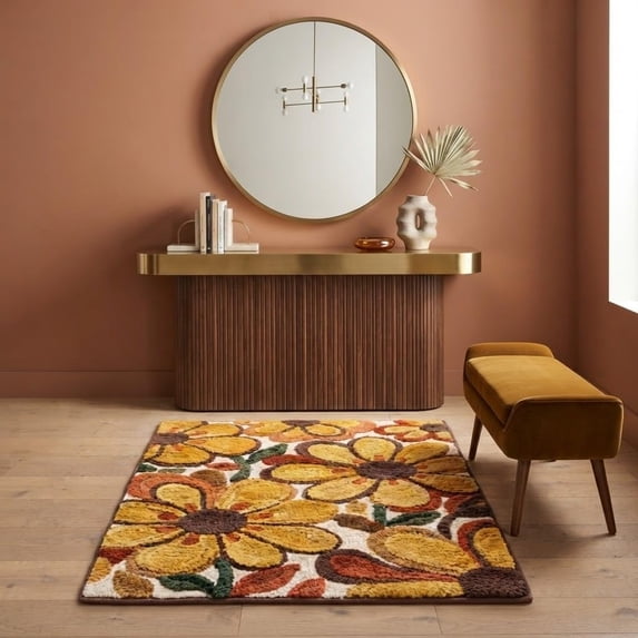 Colorful Patterned Rug Hand-Tufted Wool Retro Floral Sunflower Pattern Multi-Color Area Rug ...