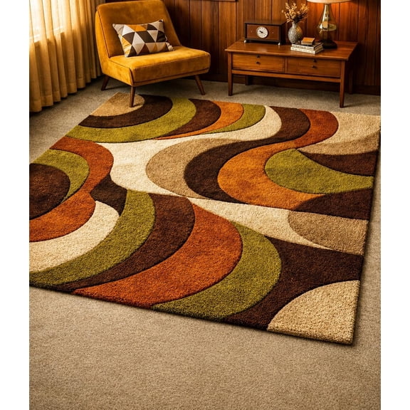 Hand-Tufted Wool Retro Layered Wave Area Rug in Brown, Terracotta, and Olive Green for Living Room and Bedroom 6x6 ft Rou