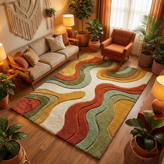 Wavy Edged Rug Hand-Tufted Wool Retro Wavy Swirl Area Rug in Terracotta, Sage Green ...