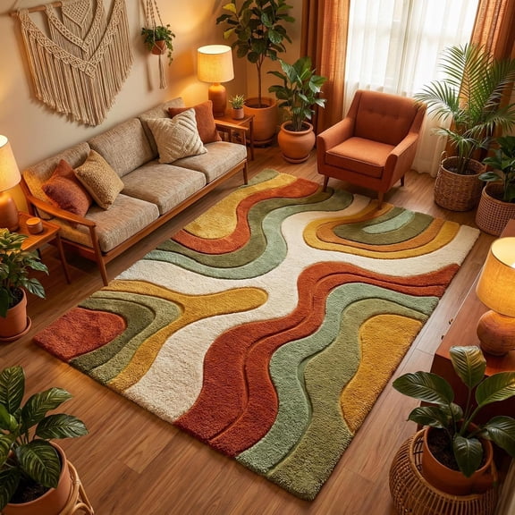 Hand-Tufted Wool Retro Wavy Swirl Area Rug in Terracotta, Sage Green, and Mustard for Living Room and Bedroom 6x9 ft Rect