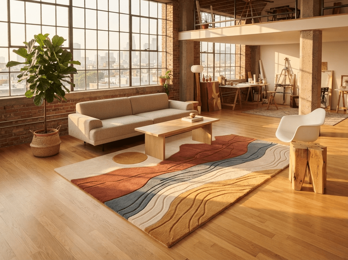 Hand-Tufted Wool Rug with Abstract Desert Landscape Mountain and Sun ...