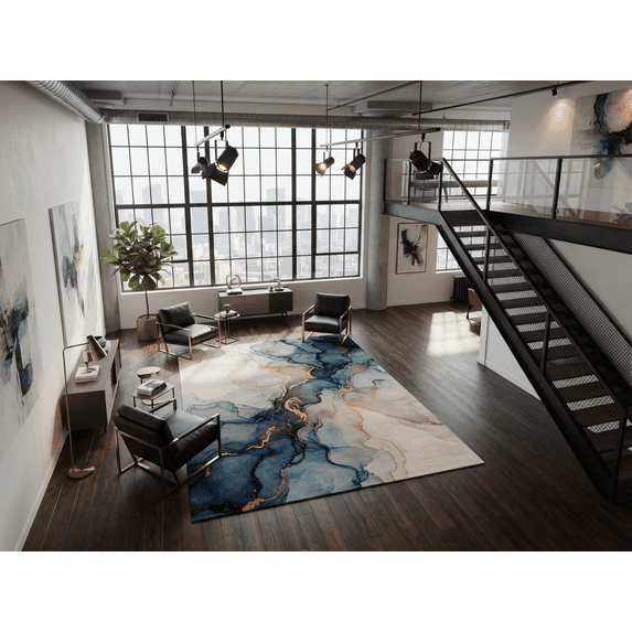 Teal Rug Hand-Tufted Wool Rug with Abstract Fluid Alcohol Ink Swirl Pattern in ...