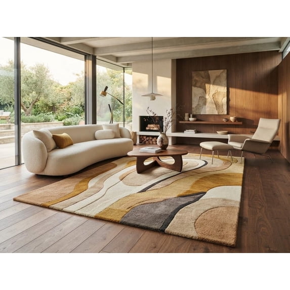 Earthy Brown Rug Hand-Tufted Wool Rug with Abstract Organic Landscape Pattern in Ochre ...