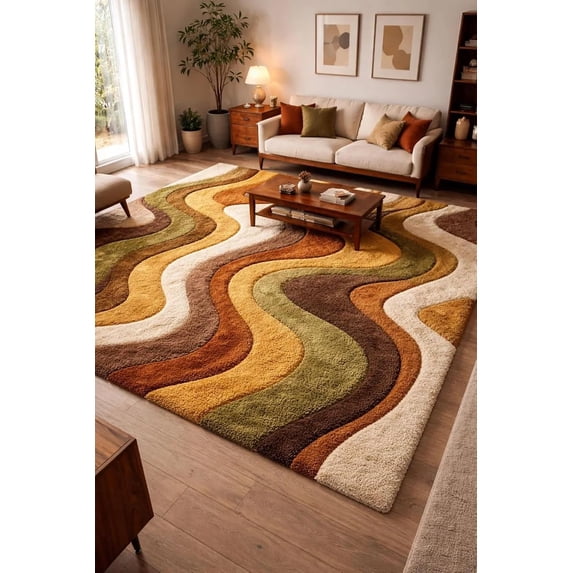 Wavy Edged Rug Hand-Tufted Wool Rug Featuring Wavy Abstract Swirl Design in Brown ...