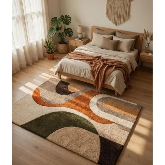 Chunky Wool Abstract Rug Hand-Tufted Wool Rug with Mid-Century Modern Abstract Geometric Wave ...