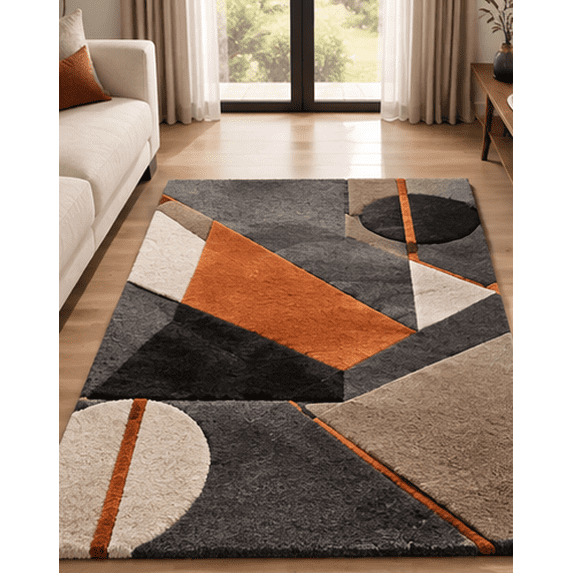 Cream Shape Rug Hand-Tufted Wool Rug with Abstract Bauhaus Geometric Shapes in Charcoal ...