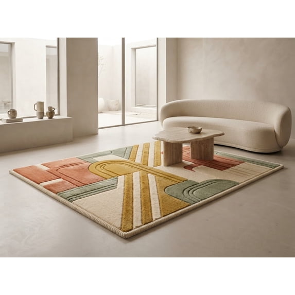Wool Mix Abstract Rug Hand-Tufted Wool Rug with Abstract Geometric Arches and Diagonal Lines ...