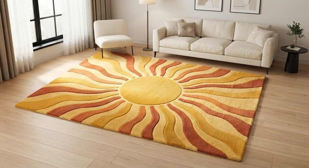 Wool Mix Abstract Rug Hand-Tufted Wool Rug with Abstract Sunburst Wavy Ray Pattern in Yellow ...