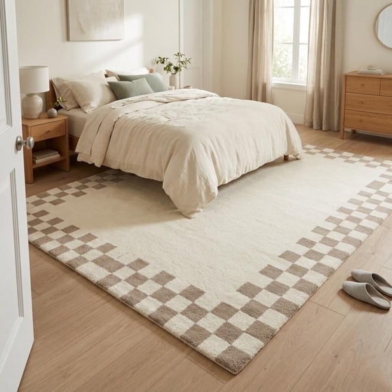 4x6 Rectangular Rug For Bedroom Hand-Tufted Wool Rug with Checkered Border Pattern in Off-White and ...