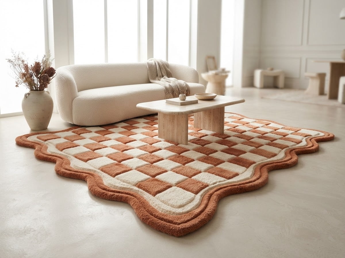 Hand-Tufted Wool Rug with Checkered Pattern and Wavy Scalloped Border ...