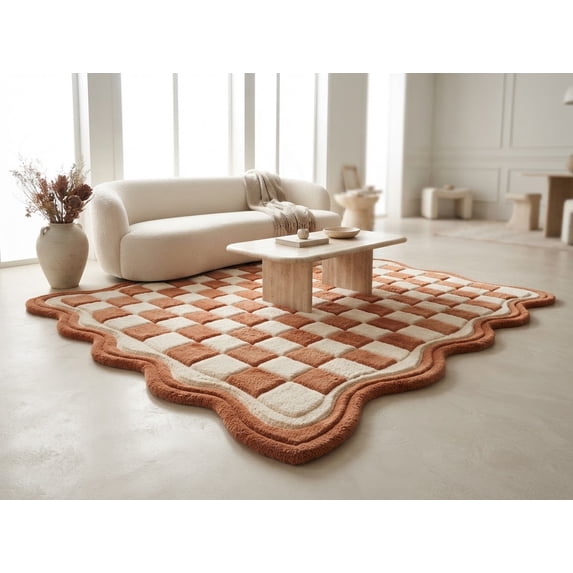 Wavy Edged Rug Hand-Tufted Wool Rug with Checkered Pattern and Wavy Scalloped Border ...