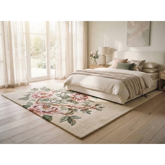 Peony Rugs Hand-Tufted Wool Rug with Classic Botanical Floral Peony Pattern in ...