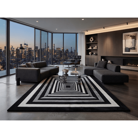 Simple Geometric Patterns Rug Hand-Tufted Wool Rug with Monochrome Concentric Geometric Pattern in ...