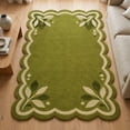 Hand-Tufted Wool Scalloped Border Botanical Leaf Design Rug in Olive ...