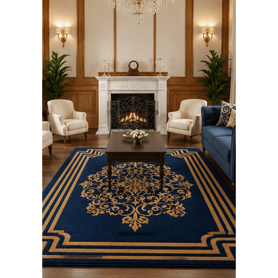Hand Tuffted Rugs Hand-Tufted Wool Traditional Medallion Area Rug in Navy Blue and Gold ...