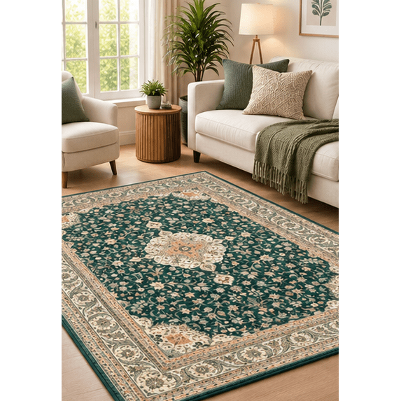 Dark Green Rectangular Rug Hand-Tufted Wool Traditional Medallion Area Rug in dark green rug for ...