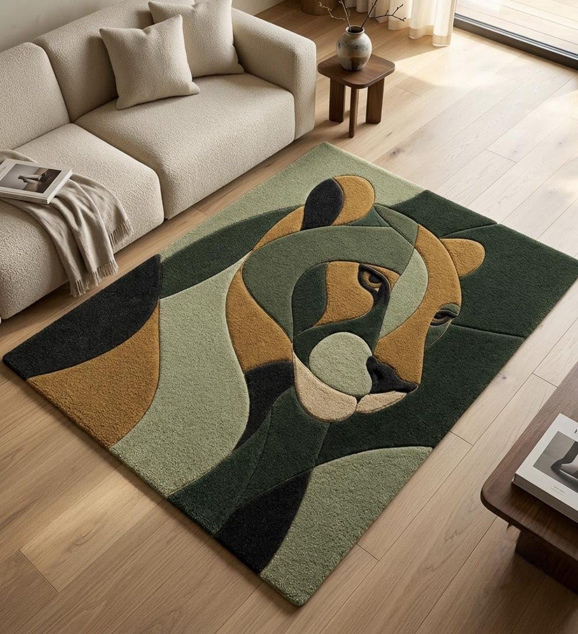 Hand-Tufted Wool blend Cubist Big Cat Panther Green and Ochre Area Rug ...