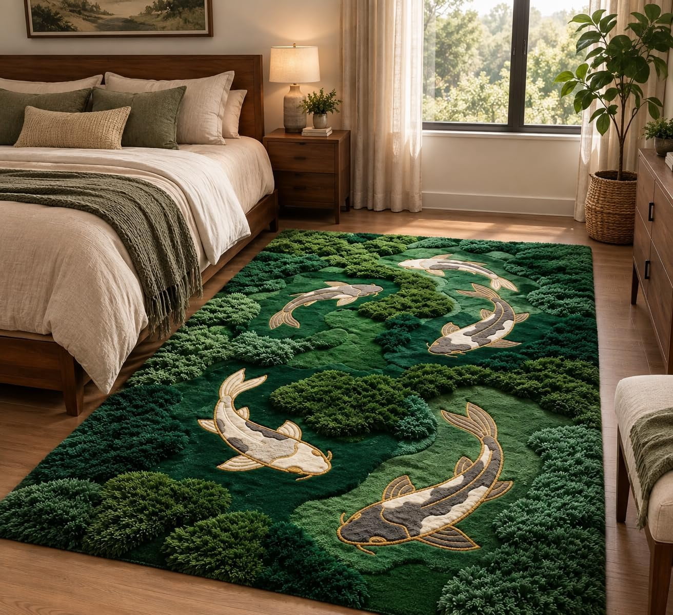 Hand-Tufted Wool blend Textured Koi Fish Pond Green Area Rug for ...