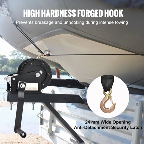Hand W",1200 lbs Pulling Capacity,Boat Trailer W"Heavy Duty Rope Crank with 23 ft Polyester Strap&Two-Way Ratchet,Manual Operated Hand Crank W"for Trailer,Boat or ATV Towing