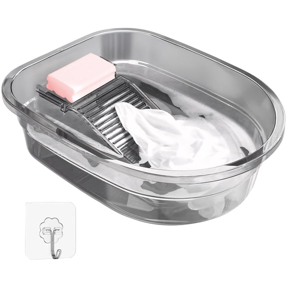 Hand Washing Basin with Washboard, Portable Non-Slip Laundry Tub, Clear Plastic Wash Basin for Small Items, Camping, RV, Outdoor Travel, Hanging Storage & Easy Carry
