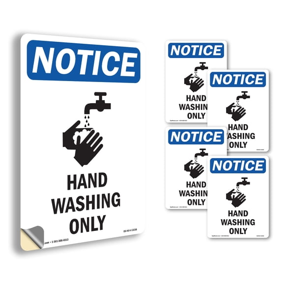 Hand Washing Only With Symbol OSHA Notice Vinyl Decal Label 5 Inch x 3.5 Inch - 5 Pack