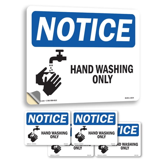 Hand Washing Only With Symbol OSHA Notice Vinyl Decal Label 5 Inch x 3.5 Inch - 5 Pack