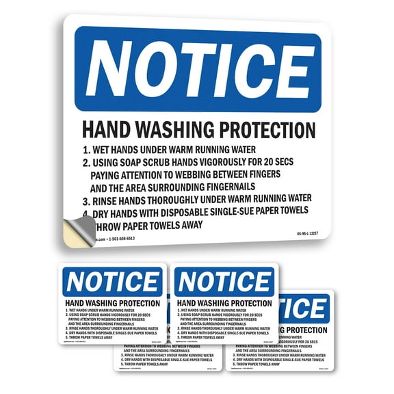 Hand Washing Protection 1. Wet Hands Under OSHA Notice Vinyl Decal Label 5 Inch x 3.5 Inch - 5 Pack