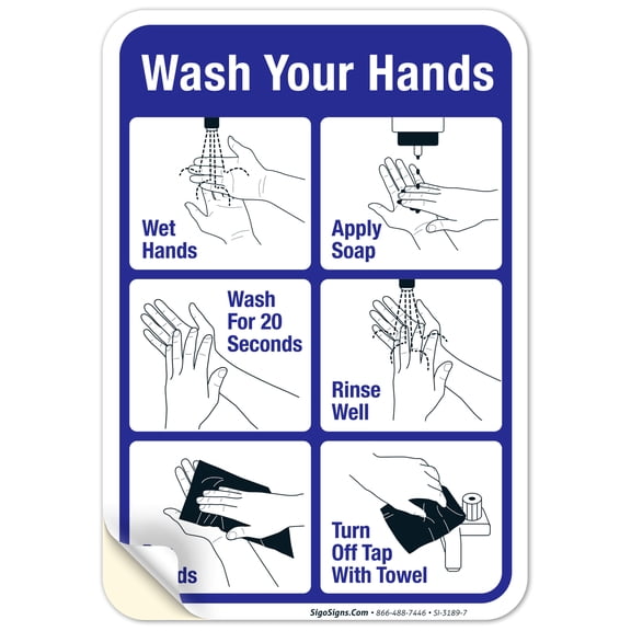 Hand Washing Sign, 6 Steps Hand Washing Sign, 10x7 Vinyl Sticker