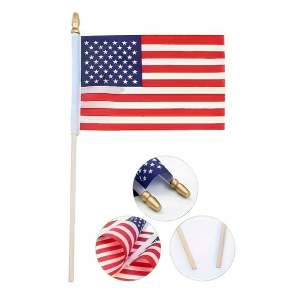 Hand Waved Flag with Wooden Pole Gold Tip Patriotic Polyester Flag for Independence Day Parades