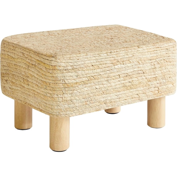 Hand Weave Natural Seagrass Ottoman - Beige Rectangular Footrest with Wooden Legs Multifunctional Dressing Stool