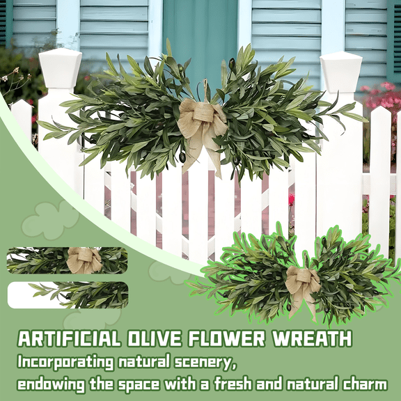Hand Weaving Artificial Olive Wreath With Bow Ribbon, 23.6 In Olive Floral Swag, Spring Floral Swag With Green Leaves Olive Fruit, Spring Door Wreaths Outdoor Front Door Wreath for Spring
