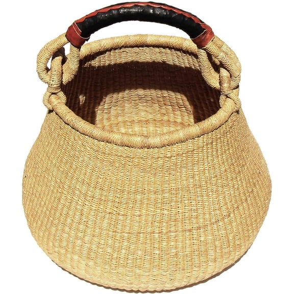 Hand Wove Bolga Pot Basket, Made in Ghana, Natural with Neutral Handle$$Garden & Patio