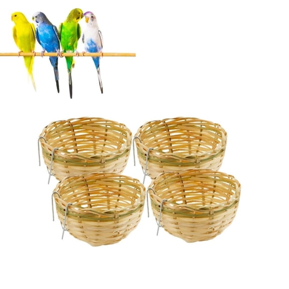 Hand Woven Bamboo Bird Nest,QZS Portable Cozy Birds Nest with Metal Hook,Country-Style Birds Cages Accessory for Canary Swallow,4Pack