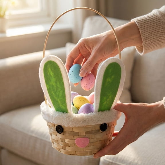 Hand-Woven Bamboo Easter Bunny Basket In Blue, Natural Fiber Construction For Easter Eco Friendly Gifts, Traditional Craft Easter Rabbit Shape Container For Easter Treat Collection