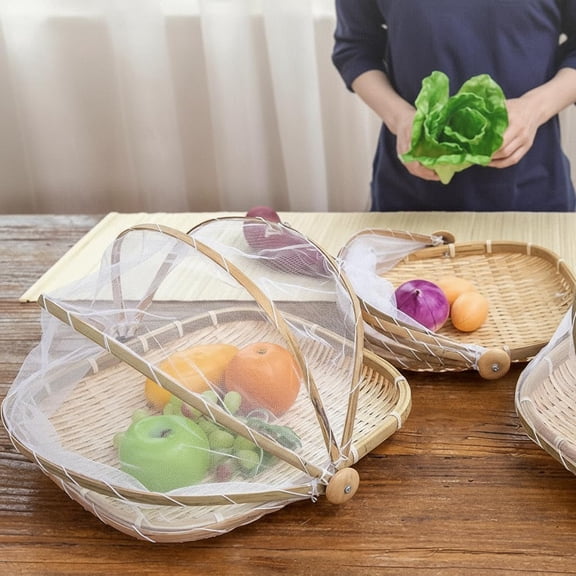 Hand-Woven Bamboo Food Serving Tent Basket Covered Dustproof-Bug-Proof Round Bamboo Food Fruit Bread Vegetable Storage Container Handmade Mesh Gauze Cover Mesh Serving Tray for Home Food Storage 28cm