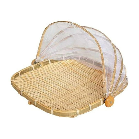 Hand-Woven Bamboo Food Storage Basket with Insect-Proof Gauze, Multi-Size Drying & Serving Basket for Kitchen, Picnics, Pantry Organization